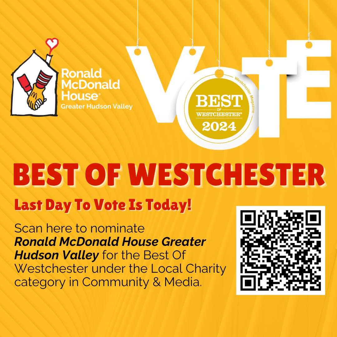 There’s still time to nominate Ronald McDonald House of the Greater Hudson Valley for the 2024 Best of Westchester awards! Your vote helps us continue to spread the word of our mission. Nominate us for your favorite local charity!  Scan the QR Code to vote!