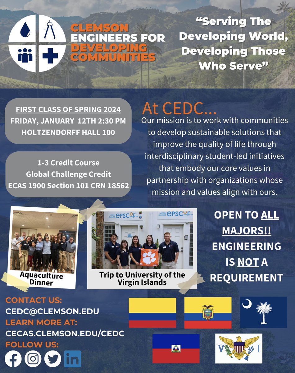 CU_CEDC's tweet photo. Registration for CEDC is open to students of all majors and grade levels! Sign up on iROAR using our course code: ECAS 1900.

Make sure to visit us at Tiger Prowl today, January 10th from 6pm - 8pm in Hendrix to learn more about CEDC and meet some of our students! https://t.co/RzKr3XD9vQ