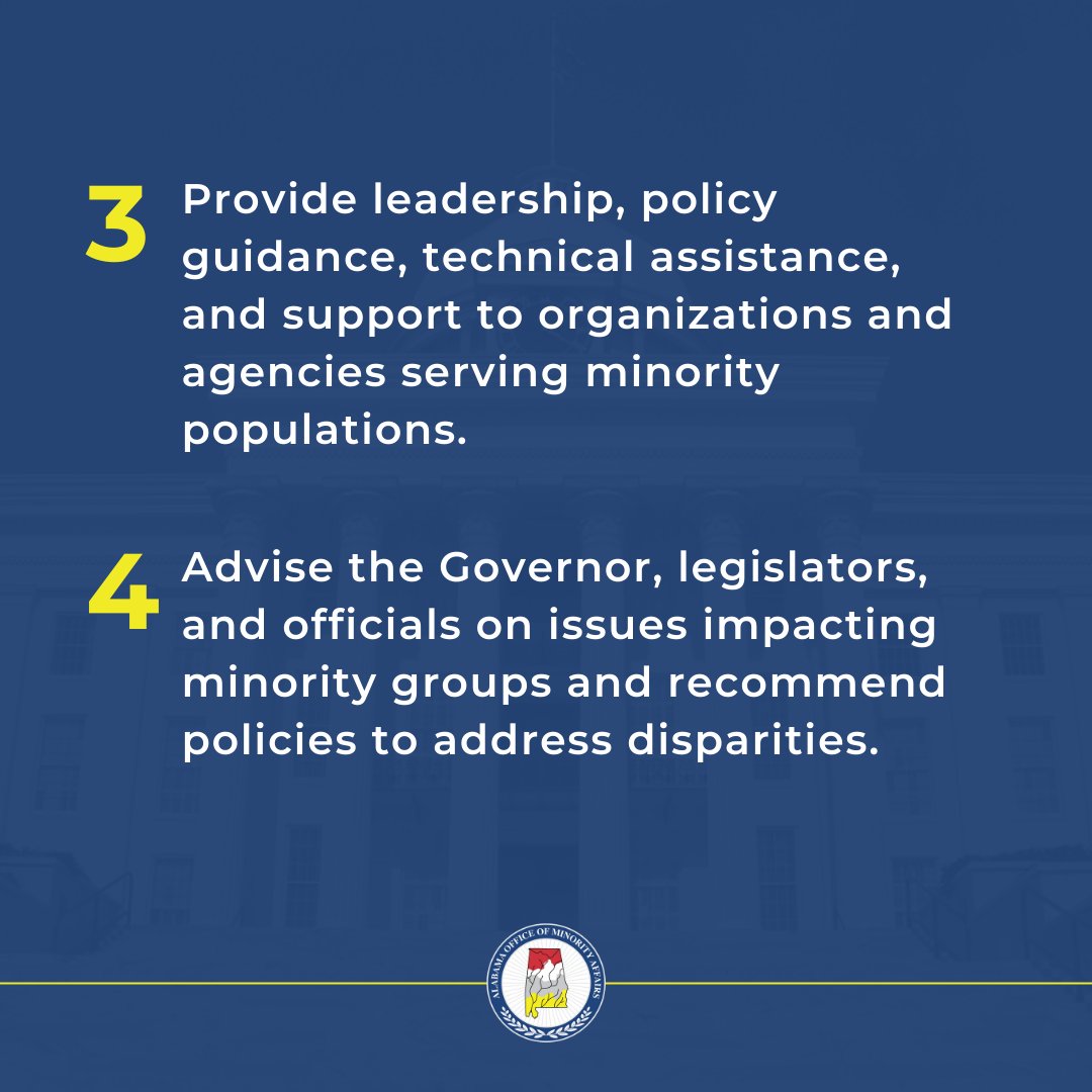 Alabama_OMA's tweet photo. Empowering progress in Alabama by championing inclusion for minorities and women.

We're dedicated to addressing disparities, fostering inclusivity, and investing resources for enhanced social, political, economic, educational, and healthcare access and outcomes across AL. 🌐✨ https://t.co/RwE3GDwkLC