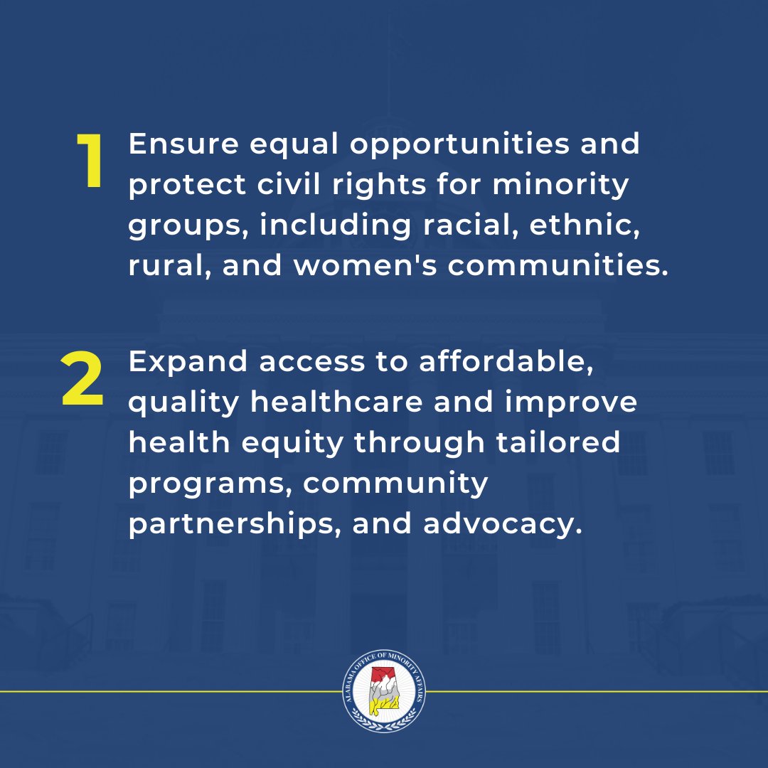 Alabama_OMA's tweet photo. Empowering progress in Alabama by championing inclusion for minorities and women.

We're dedicated to addressing disparities, fostering inclusivity, and investing resources for enhanced social, political, economic, educational, and healthcare access and outcomes across AL. 🌐✨ https://t.co/RwE3GDwkLC