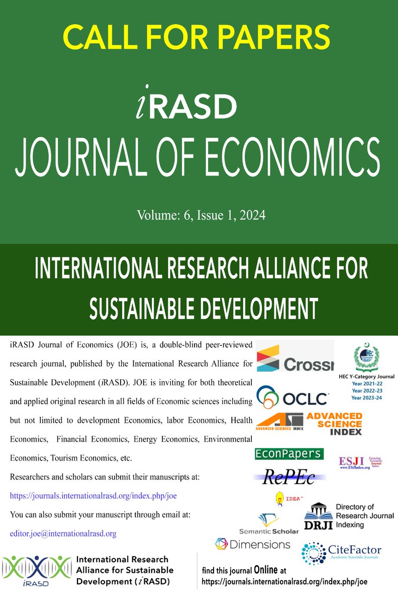 IRasd's tweet photo. 📢 Call for Papers 📢

iRASD Journal of Economics (JOE) invites submissions for its March 2024 issue. iRASD JOE is proudly indexed in HEC Y category, ResearchGate, and other significant databases. 

#iRASDJOE #CallforPapers #EconomicResearch #HECIndexed https://t.co/hYVaeBfgMj