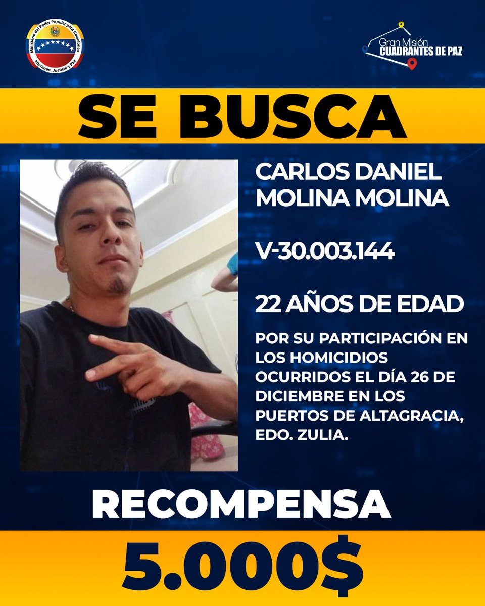 MijpVzla's tweet photo. ⚠️ #ATENCIÓN || Los órganos de seguridad ciudadana buscan a Carlos Molina, por su participación en el ataque del Complejo Ferial La Estacada, edo. Zulia

#10ENE #CitgoEsDeVenezuela https://t.co/1HyXaGXsbP