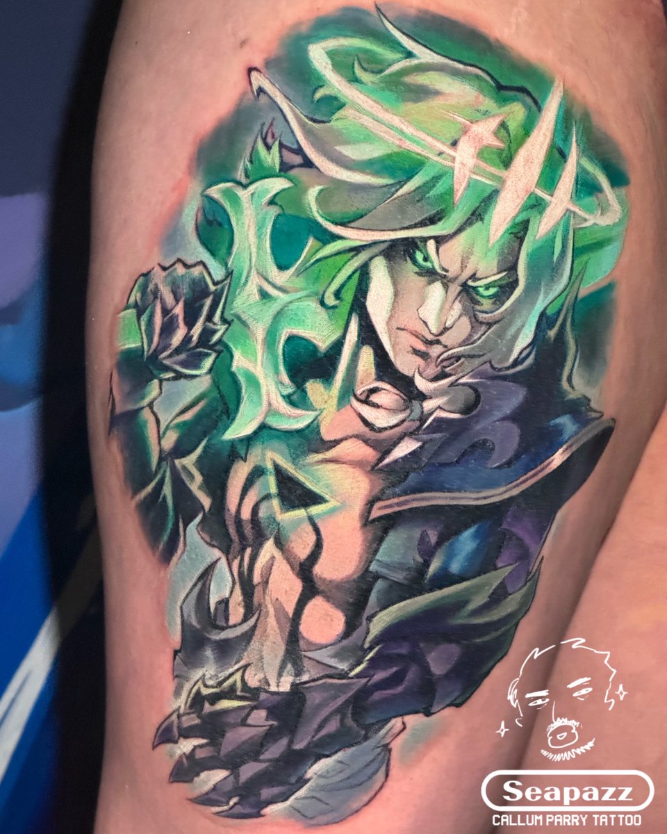 seapazz's tweet photo. Did this Viego tattoo yesterday! #art #design #illustration #tattoo #tattooart #tattooartist #anime #animeink #animetattoo #vgta2 #gamerink #gamertattoo #videogametatts #LeagueOfLegends #ruination #theruinedking #viego @riotgames https://t.co/XH7pzilj3O