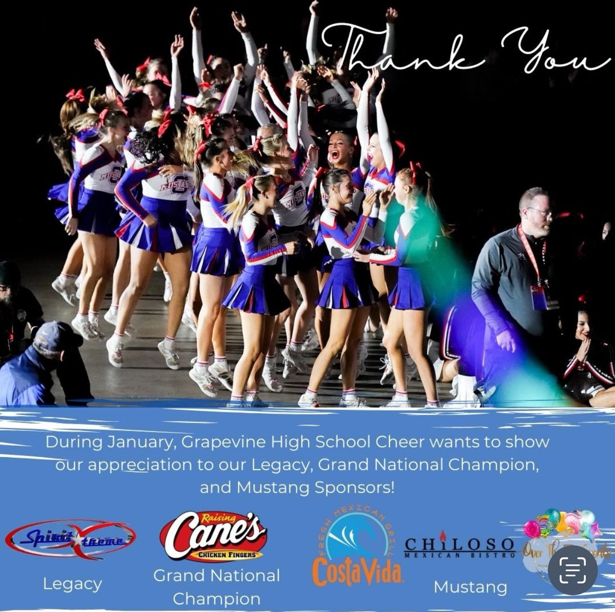 GrapevineCheer's tweet photo. Grapevine Cheer would like to send a special shout out to our Legacy, Grand National, and Mustang sponsors!!! Thank you for helping moments like this happen!!!! ❤️💙❤️💙 https://t.co/x5lZqVolFj