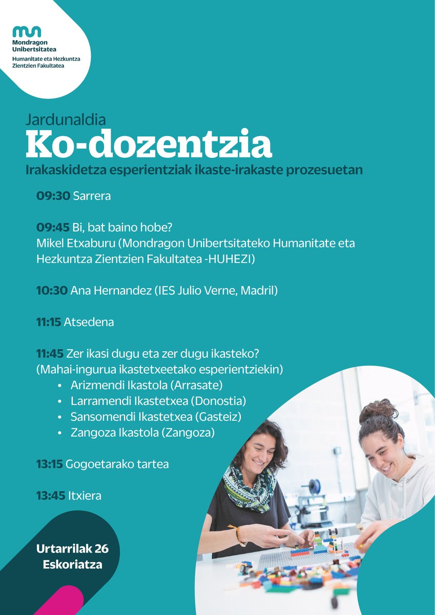 MUnibertsitatea's tweet photo. Urtarrilaren 26an, Ko-dozentziari buruko jardunaldia antolatuko du@Huhezi|k , 'Irakaskidetza esperientziak ikaste-irakaste prozesuetan' izenpean.

🔗 https://t.co/I0AhHPX8Gr

#HezkuntzaEraldatzen
@Arizmendi @larramendibidea https://t.co/dT5w7oW1Og