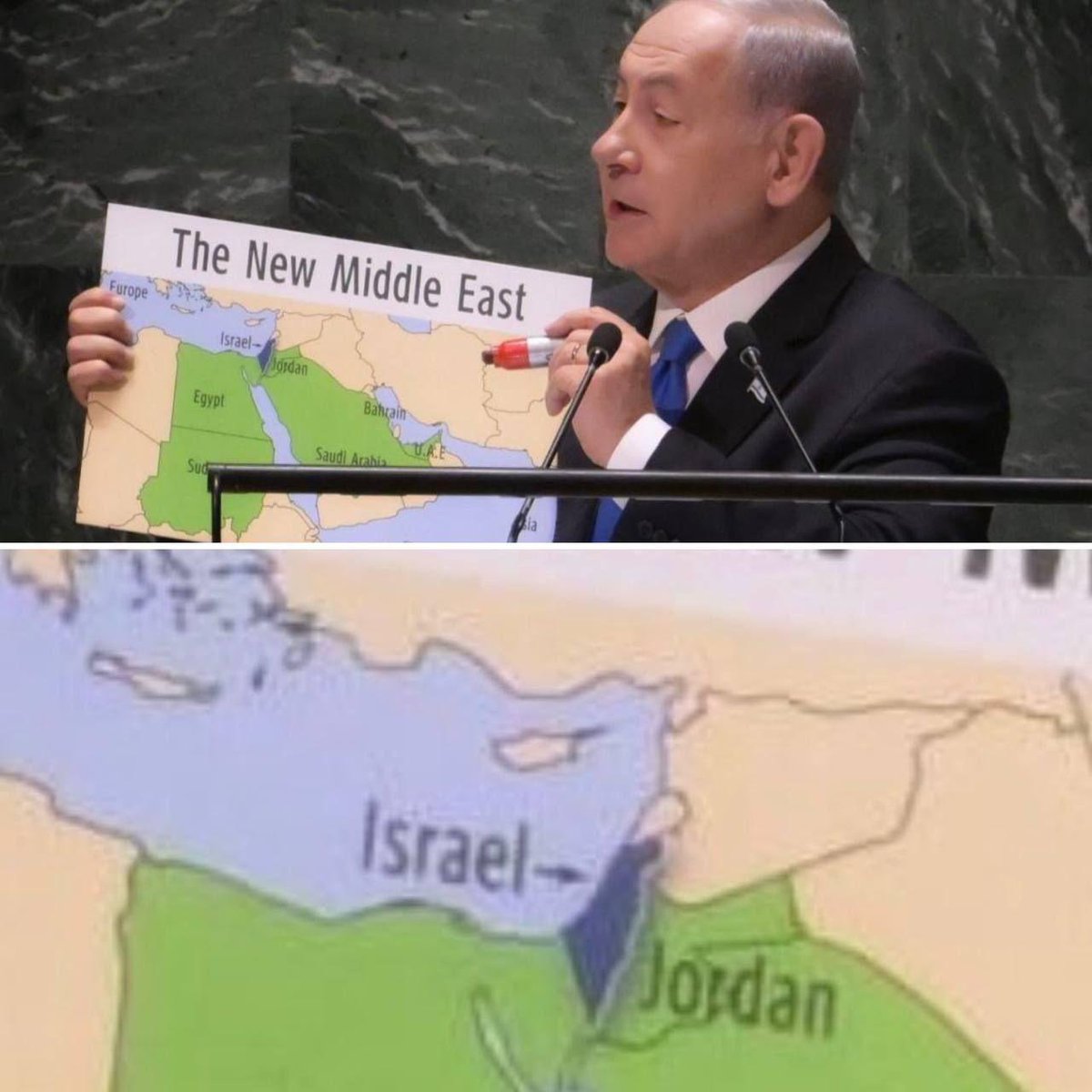 propvstruth's tweet photo. Genocidal Intent? Here is @netanyahu holding a map that erases Gaza and West Bank at a UN assembly on September 22, 2023. https://t.co/AxAIHwid4V