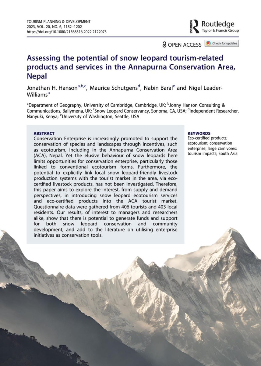 SnowLeopardNet's tweet photo. 🐆 For today's #SLResearch we share an #OpenAccess research paper assessing the potential of #snowleopard related #tourism services &amp; products in the Annapurna #ConservationArea, Nepal, with implications for both conservation &amp; #communitydevelopment. 

🏔️ https://t.co/mTdikirqoE https://t.co/3WM2NhkcEv