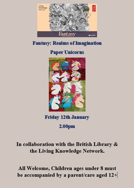 Join us to decorate a fantastic paper #unicorn this afternoon at 2pm

These will then be part of the ‘Blessing of Unicorns’ exhibition in Central Library which is part of the 'Fantasy: Realms of Imagination' exhibition at the @BritishLibrary with the #LivingKnowledgeNetwork.