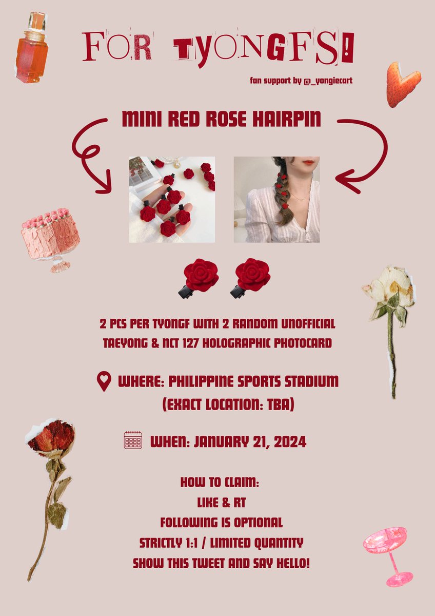 _yongiecart's tweet photo. NCT 127 NEO CITY: THE UNITY IN BULACAN

🌹 mini red rose hairpin/rose clips for tyongfs 🌹

⊹ ࣪ ˖  a small fan support for #TAEYONG by @_yongiecart
⊹ ࣪ ˖  like and retweet 
⊹ ࣪ ˖  see photo for more details !

#NEOCITY_THE_UNITY #NCT127 
#NCT127_NEOCITY_THE_UNITY_in_BULACAN https://t.co/G97hEc39CN