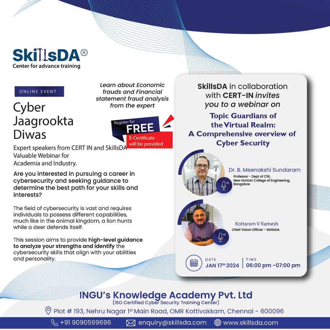 skillsda's tweet photo. Inviting all for Cyber Jaagrookta Diwas (CJD) informative session.

SkillsDA in collaboration with CERT-In invites you all to the webinar on the topic Guardians of the Virtual Realm : A Comprehensive Overview of Cyber Security on Wednesday, 17th December 2023, 6PM to 7PM https://t.co/J9qHFxCXbf