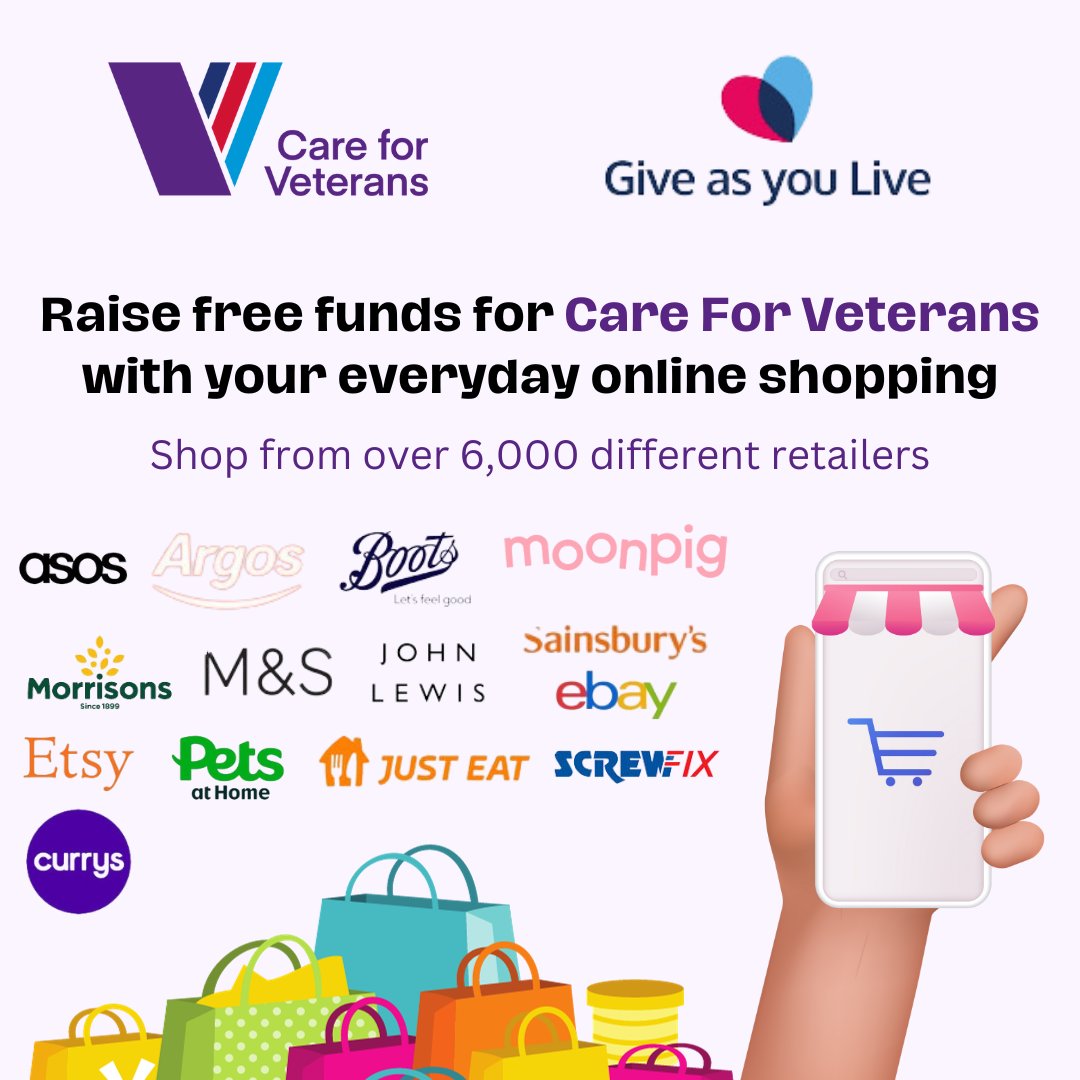 Transform your online shopping into support for Care for Veterans! Make us your chosen charity on Give as You Live Online, and a portion of your spend at over 6,000 stores will be donated to us, at no extra cost to you. giveasyoulive.com #CareForVeterans #GiveAsYouLive