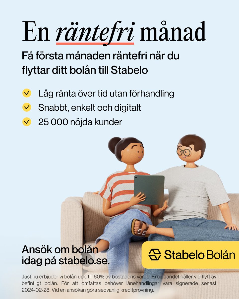 Stabeloab's tweet photo. Just nu får du en räntefri månad när du flyttar ditt bolån till Stabelo. Vi har över 25 000 nöjda kunder och höga betyg på Trustpilot.

Klicka här för att läsa mer eller ansöka så hjälper vi dig att flytta ditt bolån.
https://t.co/OU8enjUWNw https://t.co/ArG68trxif