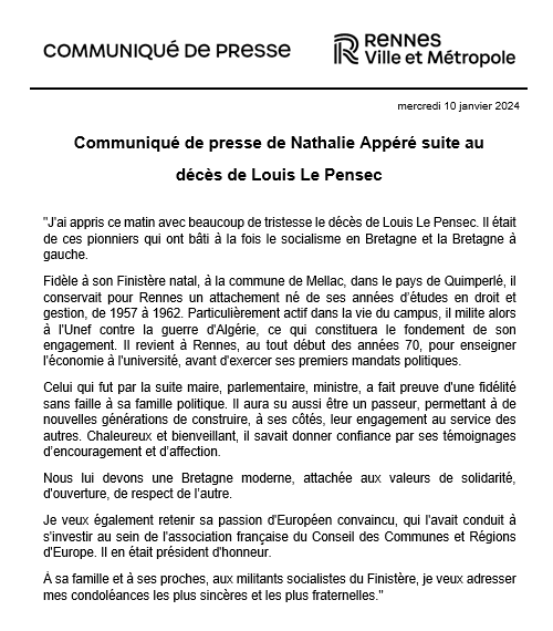 nathalieappere's tweet photo. Profonde tristesse à l'annonce du décès de Louis Le Pensec. Nous lui devons tant…
Toutes mes pensées à ses proches et à nos camarades socialistes finistériens. https://t.co/QC40mPbmur