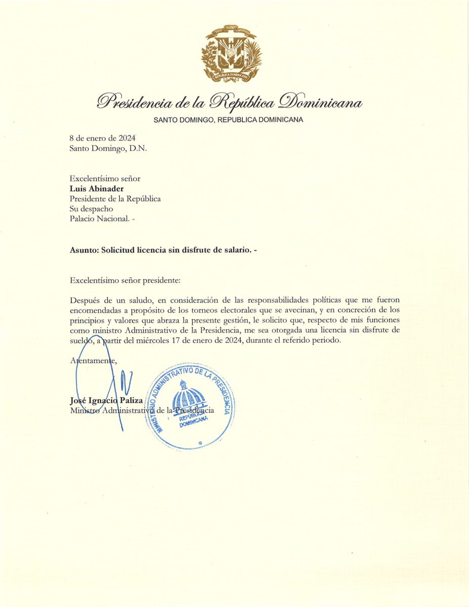 JosePaliza's tweet photo. He solicitado licencia a las funciones que desempeño en el @maprerd para dedicar todo mi atención a la campaña del compañero @luisabinader. ¡Que el triunfo nos encuentre trabajando! 🇩🇴 https://t.co/hV9M20hFsk