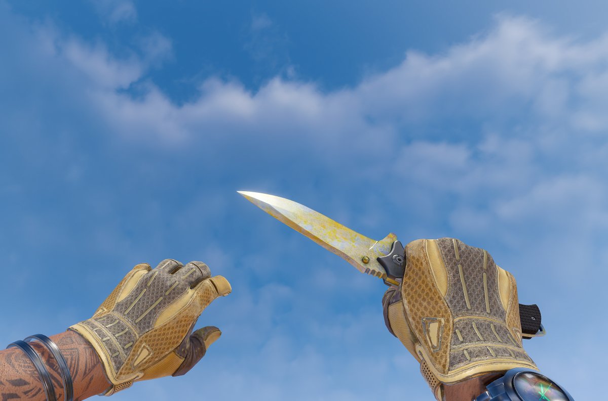 dumbpaws's tweet photo. Got bored of my old combo so here's my new one,

💛★ Nomad Knife | Case Hardened Gold Gem FT
💛★ Sport Gloves | Arid (BS 0.52)

 Screenshots by the best @quakiiiii ♥️ https://t.co/WXMzCaLLN4