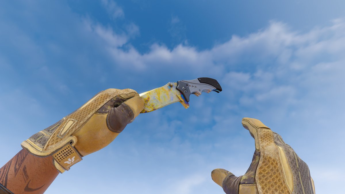 dumbpaws's tweet photo. Got bored of my old combo so here's my new one,

💛★ Nomad Knife | Case Hardened Gold Gem FT
💛★ Sport Gloves | Arid (BS 0.52)

 Screenshots by the best @quakiiiii ♥️ https://t.co/WXMzCaLLN4