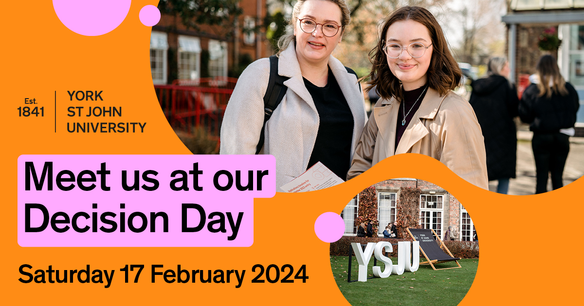 Our 2024 Decision Days are now available to book. 🎉 If you're holding an offer to study with us, our Decision Day events are for you. 🤩 Get to know our courses and community while exploring our campus. 🙌 Upcoming dates and how to book your place. ⬇️ yorksj.ac.uk/decision-days