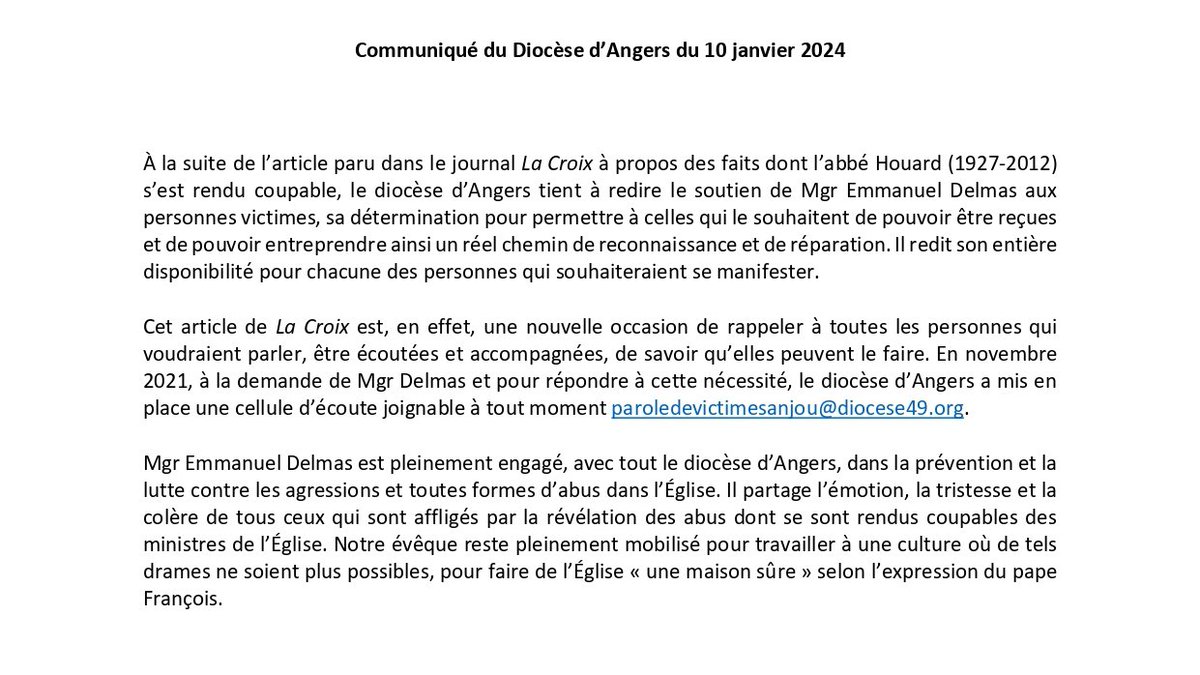 À la suite de l'enquête publiée dans <a href="/LaCroix/">La Croix</a> sur l'abbé Houard, l'évêque d'Angers Mgr Delmas rappelle sa "détermination" pour permettre aux victimes qui le souhaitent "de pouvoir être reçues" et "entreprendre un chemin de reconnaissance et de réparation".