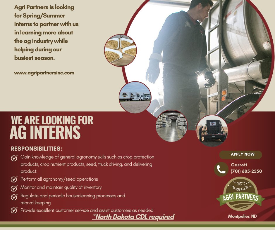 AgriPartnersInc's tweet photo. 🧑👩 Agri Partners is currently accepting applications for Spring/Summer interns.

If you know of a college/technical college student in an agricultural program who is looking for an internship, please have them reach out to Garrett or email garrettl@agripartnersinc.com. https://t.co/8dPGnx2Dsc