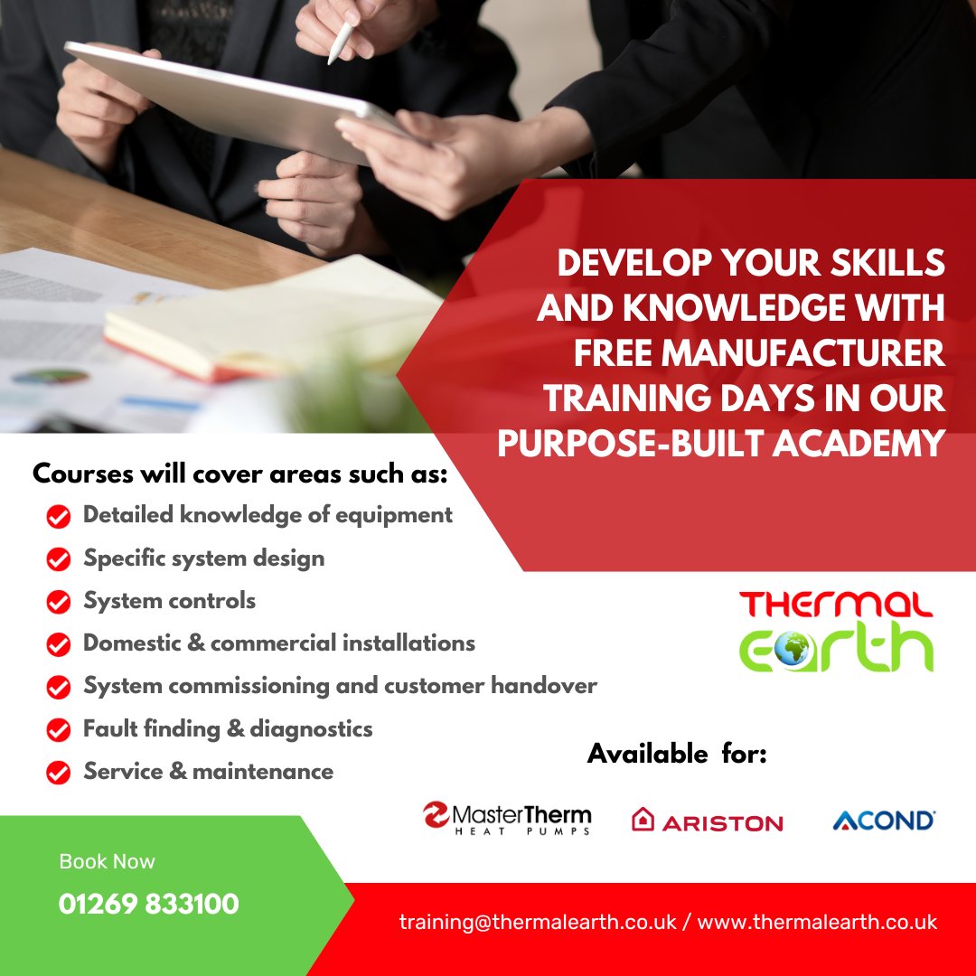 Thermal Earth (@thermalearth) on Twitter photo Have you seen our FREE one day manufactures training courses? Ideal for recently qualified heat pump engineers looking to upskill or for those needing a quick refresher! Courses available for <a href="/MasterThermUK/">MasterTherm</a> , @ACOND and <a href="/AristonUK/">Ariston UK</a>. Email training@thermalearth.co.uk to book! Have you seen our FREE one day manufactures training courses? Ideal for recently qualified heat pump engineers looking to upskill or for those needing a quick refresher! Courses available for <a href="/MasterThermUK/">MasterTherm</a> , @ACOND and <a href="/AristonUK/">Ariston UK</a>. Email training@thermalearth.co.uk to book!