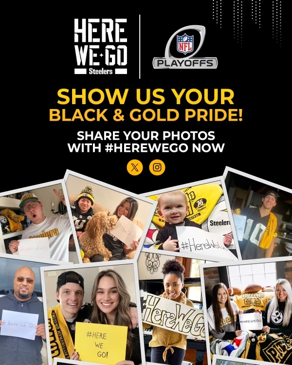 steelers's tweet photo. It’s playoff time, #SteelersNation ‼️

Show us your #HereWeGo signs ⤵️ https://t.co/S41x1E3lxJ