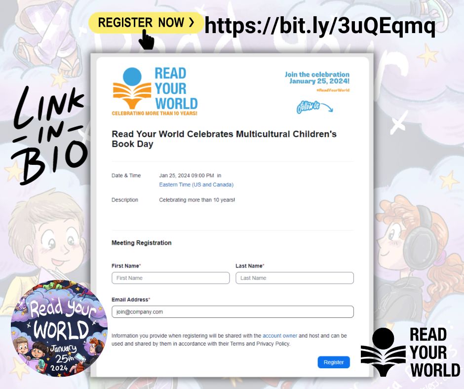 One of best parts of @MCChildsBookDay is connecting to other fans of diverse #kidlit at the Read Your World Virtual Party! #ReadYourWorld Virtual Party Thurs, Jan 25, 2024, 9–10pm EST Register here: buff.ly/3HeLrUo