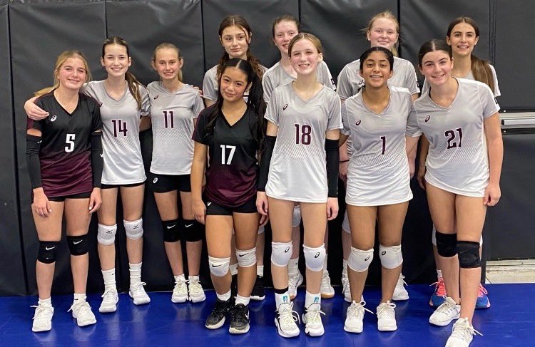 This is 13 Maroon! 13 maroon has had two tournaments placing second and fourth. 13 maroon has an abundance of fun together on and off the court! 13 maroon is focusing on communication and working on the fundamentals. These silly girls never fail to get hype and lift up their team