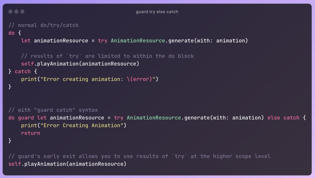 DaveLoper1337's tweet image. I’d appreciate Swift adding a version of ‘guard’ that allows early exiting with ‘do/try/catch’

Syntax is a little verbose but it solves the same problem ‘guard’ was introduced to solve

#swift #iosdev #swiftlanguage #ios #coding #programming