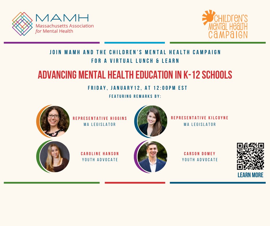 kidsMHmass's tweet image. Join us and @MentalHealth_MA THIS Friday for a lunch and learn on advancing mental health education in schools. Register here: eliot.zoom.us/webinar/regist…