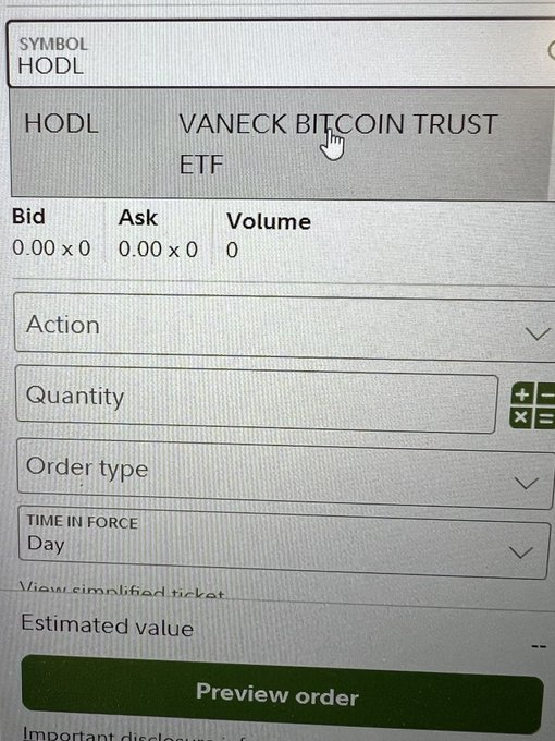 BitcoinMagazine's tweet photo. JUST IN: 🇺🇸 VanEck and ARK 21Shares spot #Bitcoin ETFs have listed on Fidelity's website, but unable to officially trade yet.

Still awaiting SEC approval. https://t.co/A5EhOUQG3u