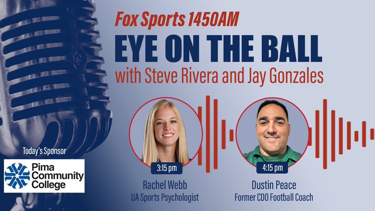 Today w/ @steverivera95 &amp; <a href="/jaygonzo59/">Jay Gonzales</a>

3:15 – <a href="/RMWebb_/">Rachel Webb</a>, <a href="/AZATHLETICS/">Arizona Athletics</a> Assistant AD, Sports Psychology and Wellness
4:15 – Dustin Peace, Former Head Coach, <a href="/cdo_football/">CDO Football</a>

📞(520) 416-7440
🎙️foxsports1450.iheart.com
📱<a href="/iHeartRadio/">iHeartRadio</a> <a href="/ApplePodcasts/">Apple Podcasts</a> <a href="/Spotify/">Spotify</a>