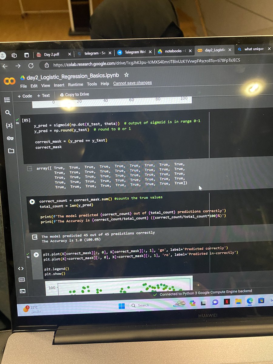 75Ghaida's tweet photo. stage 2, Ai program by KAUST academy at Alfaisal university!
كان يوم ممتع جدًا، طويل جدًا لدرجة لفيت ولقيت جنى نايمه، لكن رغم النوم وكم حبة بنادول وصلنا ل100% accuracy 🥰
#AI_Week  #أكاديمية_كاوست https://t.co/VgThKqmWCe
