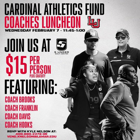 CardsAthFund's tweet photo. In case you were unable to join us today, mark your calendars for Wednesday, February 7th at 11:45 for our next Coaches Luncheon featuring @Coach_Al_Brooks @CoachAQUA_LAMAR @WillDavis44 @AmyHooks10 #WeAreLU https://t.co/Se9rR6xhW7
