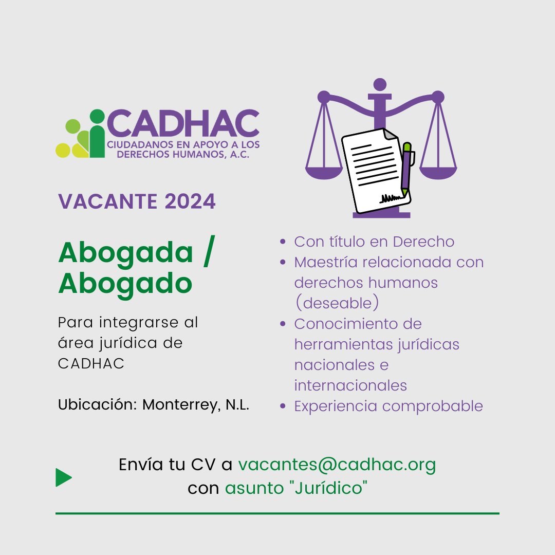 #VACANTE #2024 

¡Únete a la defensa de los derechos humanos!

VACANTE: ABOGADA / ABOGADO

 Envía tu CV a vacantes@cadhac.org con asunto “Jurídico”