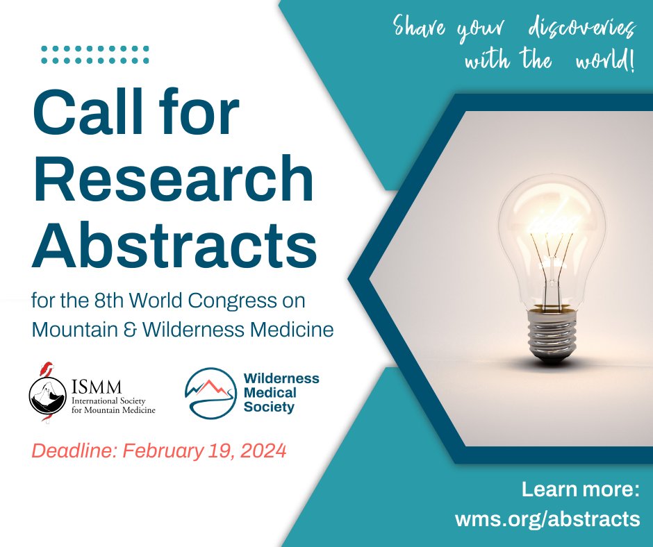 WildMedSociety's tweet photo. The 2024 abstract submission cycle is now open for WMS and ISMM members. Presentations will take place at the joint 8th World Congress of Mountain &amp; Wilderness Medicine in Snowbird, UT.
https://t.co/cpvbsSRzSh
#research #abstracts #wildernessmedicine https://t.co/huHFao0ylj