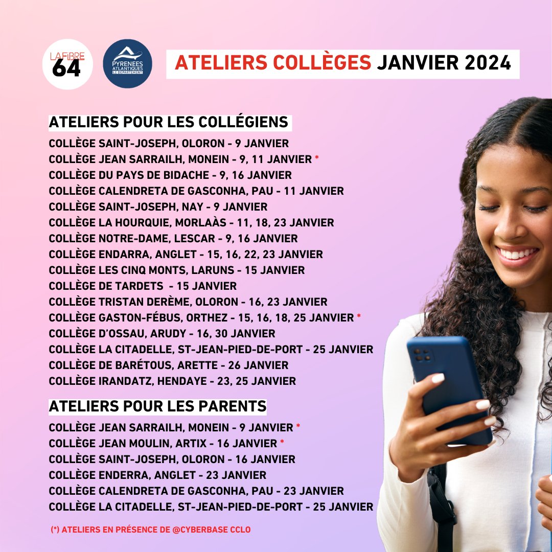 L’année 2024 commence fort ! 🙌 En janvier, les élèves de 16 collèges seront sensibilisés à un usage éclairé du #numérique par <a href="/lafibre64/">Syndicat Mixte La Fibre64</a> et le <a href="/departement64/">Pyrénées-Atlantiques</a>.

#lafibre64 #ateliers #colleges #pyreneesatlantiques #cyberbase
