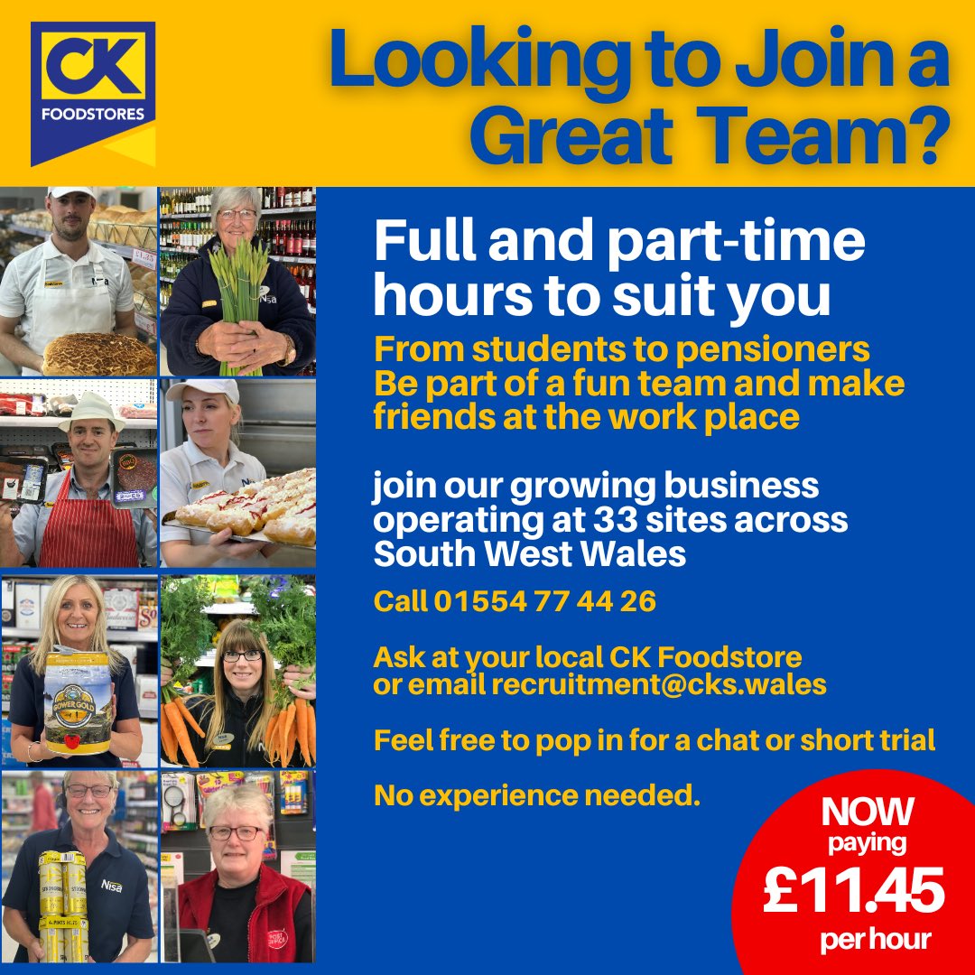 CKSupermarkets's tweet photo. We are recruiting: Full &amp; part-time, hours to suit you From students to pensioners 01554 77 44 26    email recruitment@cks.wales
#recruitment #work #recruiting #students #Wales #grocery #bakers #butchery #retailmanager #noexperienceneeded https://t.co/w676dIcfD1