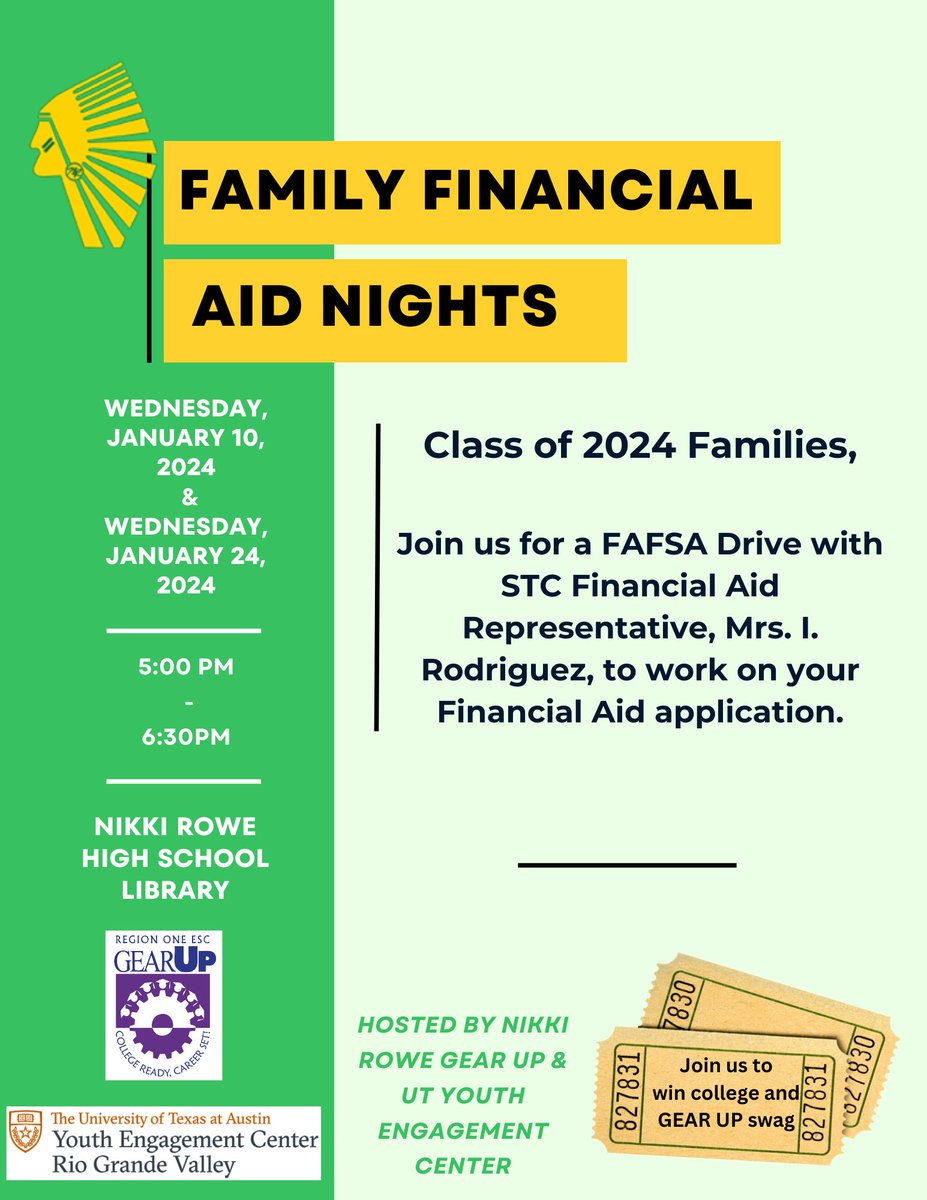 MrsIDGarcia's tweet photo. Class of 2024 Warrior Families, 

Hope to see you today from 5:00-6:30pm at the Rowe Library for our Class of 2024 FAFSA Drive with STC Financial Aid Representative, I. Rodriguez. Make plans to attend!

 Our next FAFSA Drive will be Wednesday, Jan.24th https://t.co/mtVbpHJOxV