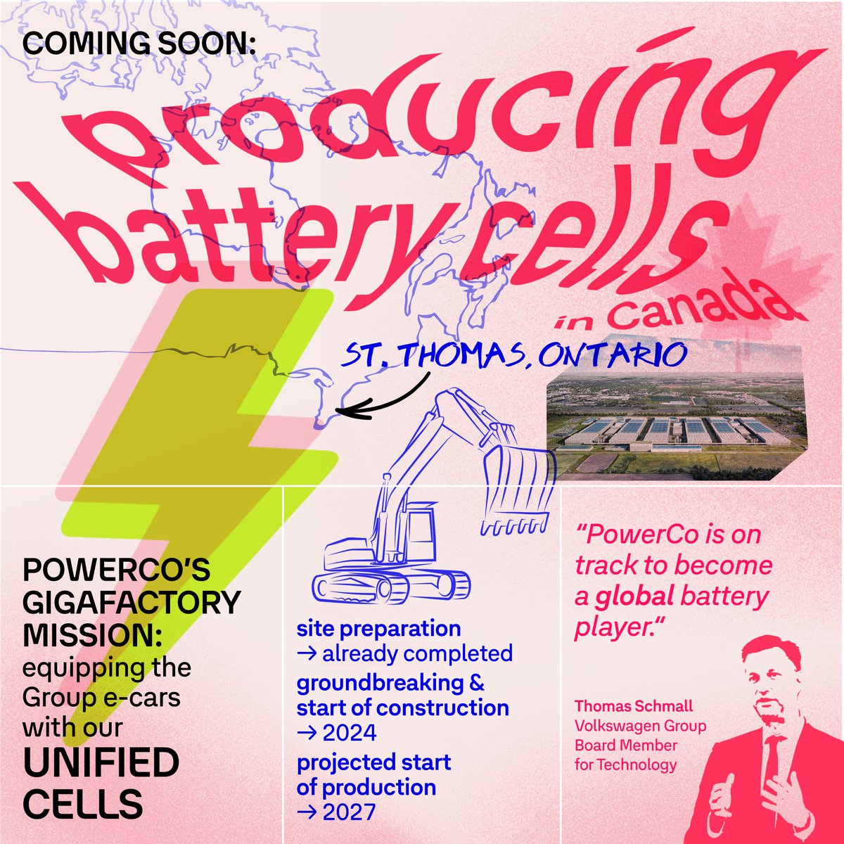 🔋💚 Ready for an update from #PowerCo, our battery company?

We're getting closer to cell production in Europe &amp; Canada. An important milestone is the groundbreaking of the Gigafactory St. Thomas, Ontario, set for 2024.

Have a look at the progress below! 👇