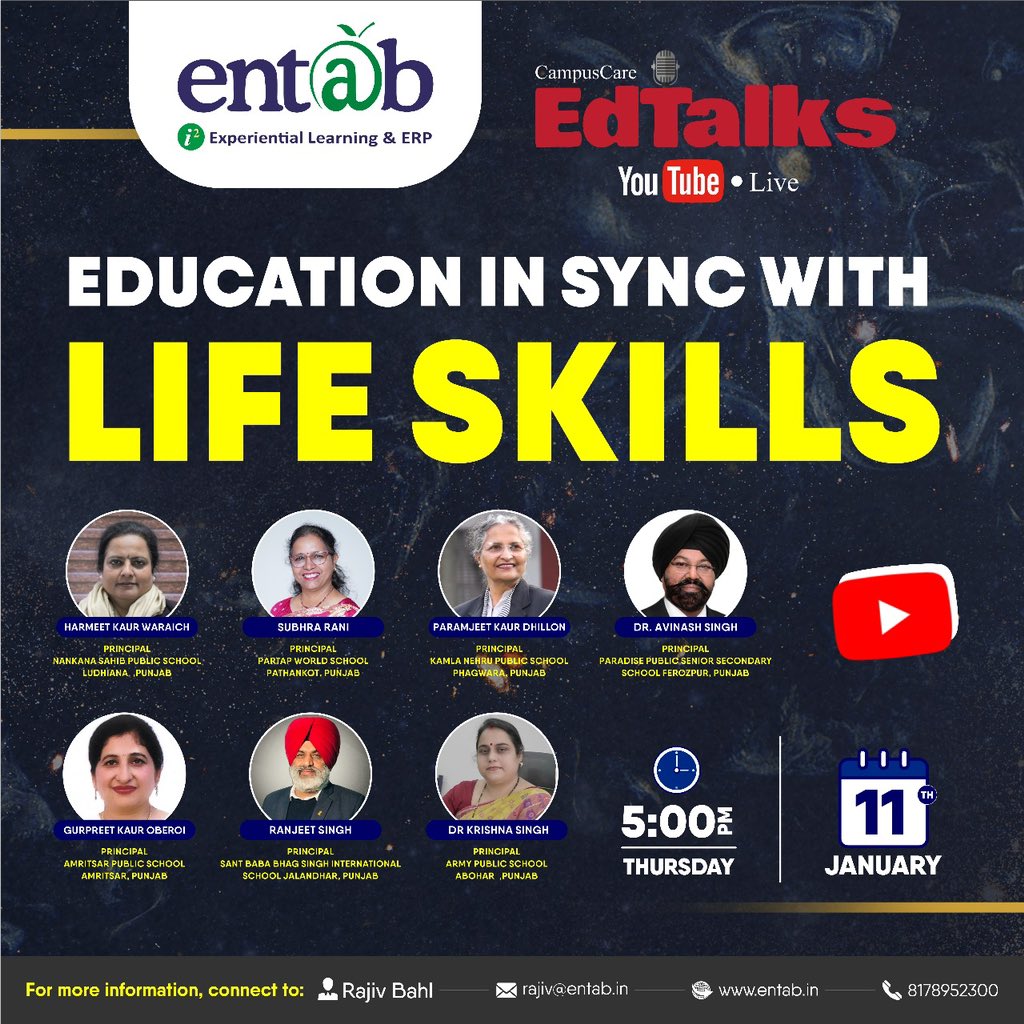 pkdhillon08's tweet photo. Happy to share my thoughts on “Education in sync with Life Skills” at 5 pm on 11th January 2024 #EdTalks #Entab @KnpsIndia @charuchhabra2 https://t.co/eDzv01uiNr