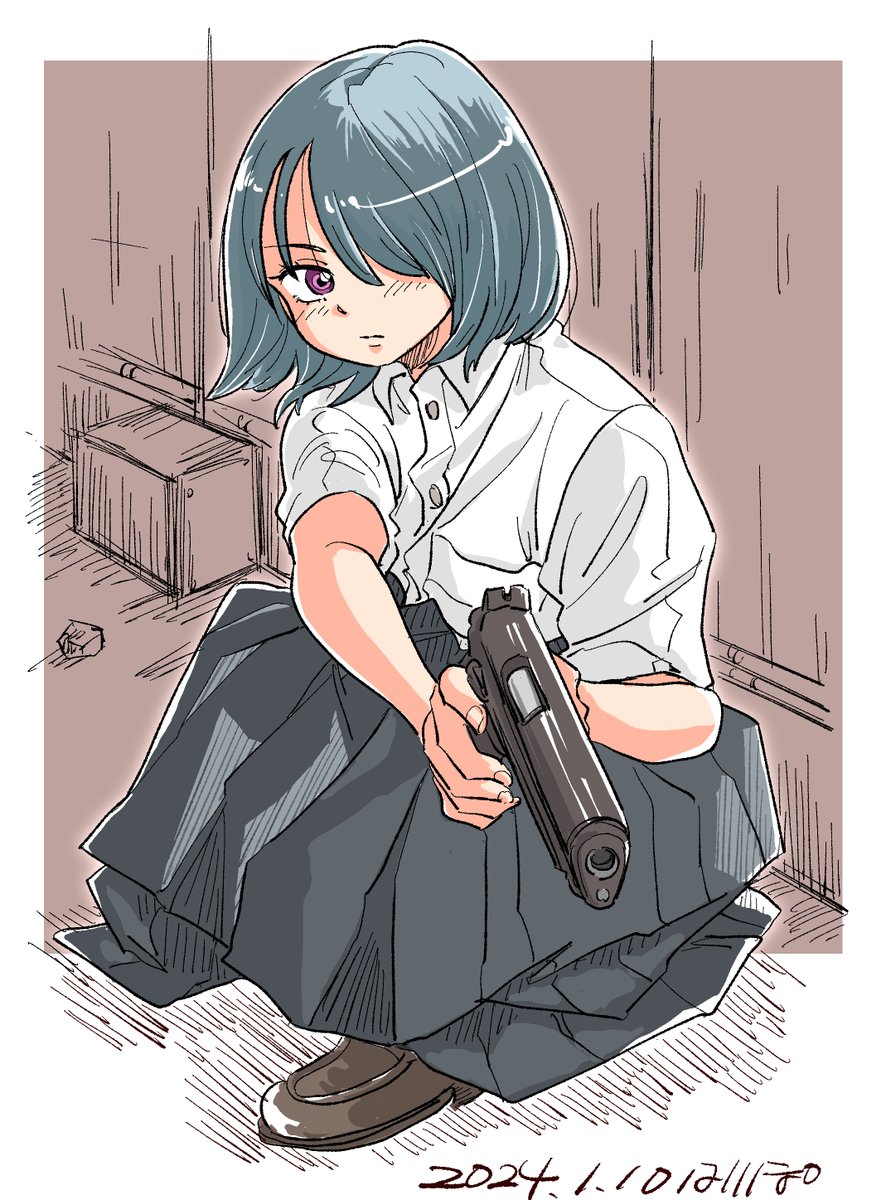 1girl weapon solo gun hair over one eye holding gun skirt  illustration images