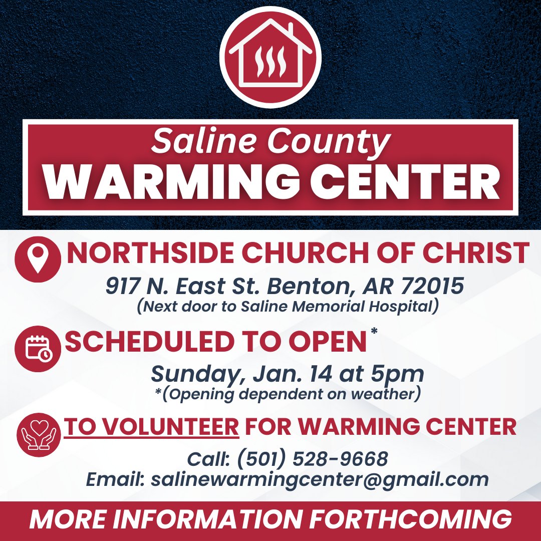 BryantPolice's tweet photo. Please share this information-
Saline County Warming Center:
Northside Church of Christ (917 N. East St. Benton, AR 72015 next to Saline Memorial Hospital) Opens: Sunday, Jan. 14 at 5pm
To Volunteer Call or Email: (501) 528-9668 or email salinewarmingcenter@gmail.com https://t.co/Ld1l8q361I
