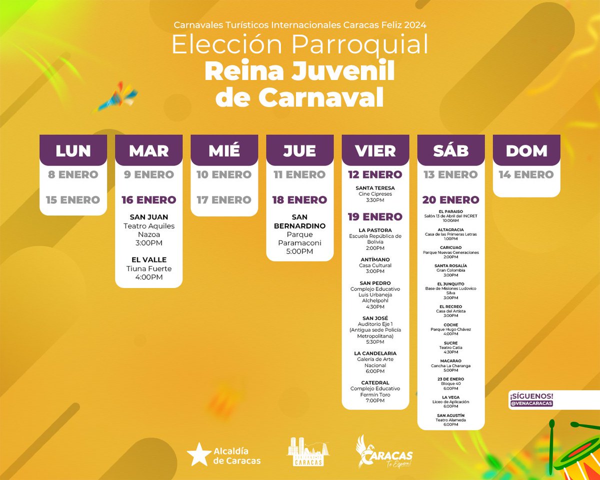 Caracas también tendrá su Reina Juvenil de Carnaval, y ya tenemos prevista la elección por parroquias. 🥳🎈🎉🎊 Aquí el cronograma ⤵️ #CitgoEsDeVenezuela