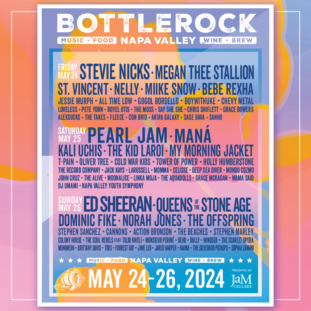 The BottleRock 2024 daily lineup is here! Rock out with @StevieNicks on Friday, @PearlJam on Saturday, @edsheeran on Sunday, and more this Memorial Day weekend! ☀️🎶 3-day tickets are SOLD OUT 🎉 but single day tickets go on sale TOMORROW at 10 AM PT! Sign up for email & SMS…