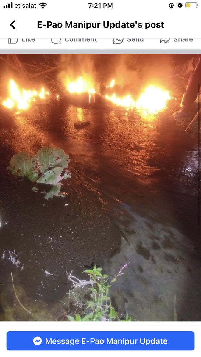 MangangCha2727's tweet photo. The enemy #Kuki put highly inflammable and toxic grease oil into the river at Leimakhong Kanto Sabal #Meitei residents today. And it is burning now!! @ramindesai @AmitShah @NBirenSingh @htTweets @TOIIndiaNews @NortheastToday @NENowNews #Kuki_ZoDrugCommunity #Kukiterrorist https://t.co/pasK0s8Jhy