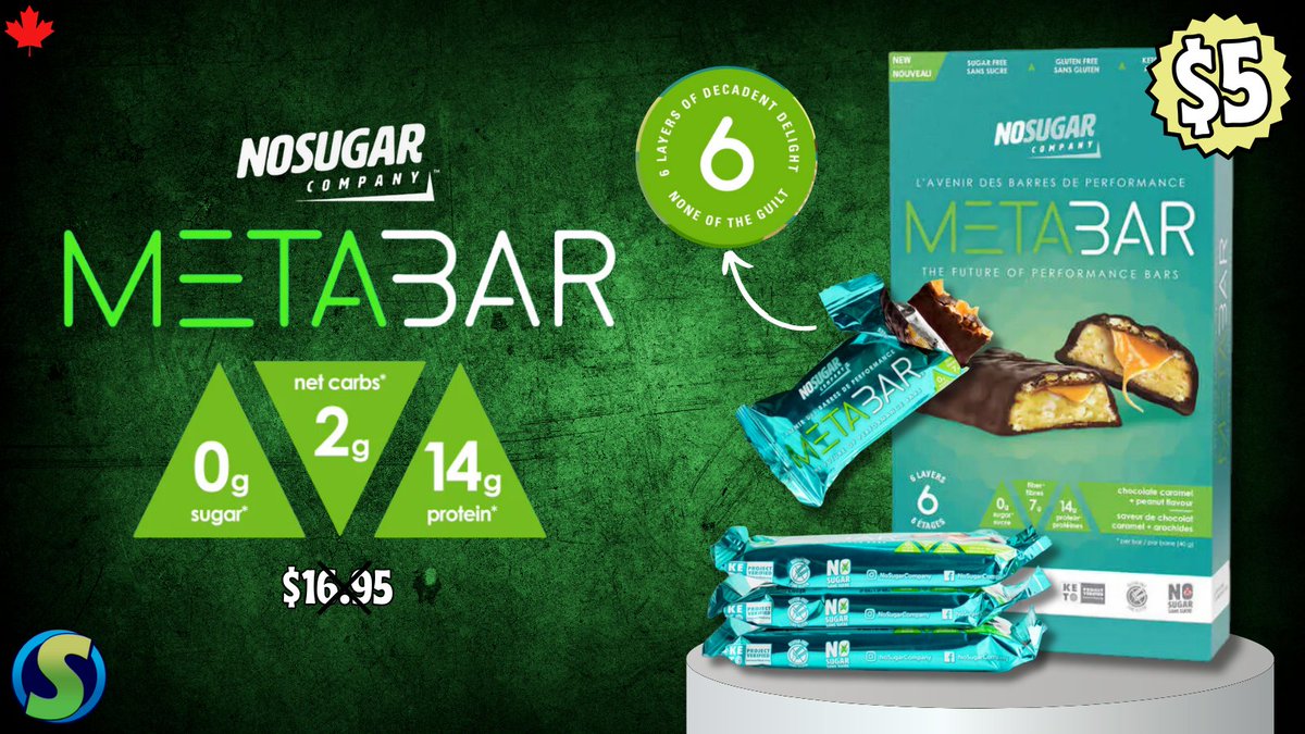 suppsourceca's tweet image. No Sugar Company METABAR: $5.00 CAD (regularly $16.95 CAD) only at supplementsource.ca. 🍫✨ Limited stock. 💪   #METABAR #NoSugarCompany #SweetDeal #HealthyIndulgence #SnackSmart #FitnessFuel #SupplementsSource #LowCarbLife #ProteinBars #FuelYourBody #GuiltFreeTreats
