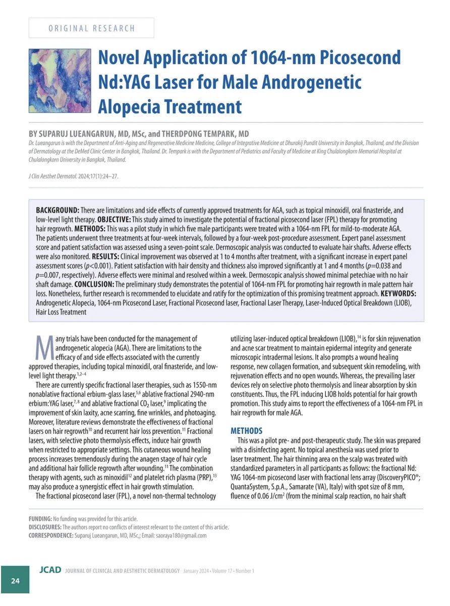 🔬งานวิจัยการรักษาผมร่วงผมบางด้วยการใช้พิโค่เลเซอร์ครับ Original Research: Novel Application of 1064-nm Picosecond Nd:YAG Laser for Male Androgenetic Alopecia Treatment 
Suparuj Lueangarun, Therdpong Tempark
 #picosecondlaser #hairlosstreatment #discoverypicolaser #drsuparuj