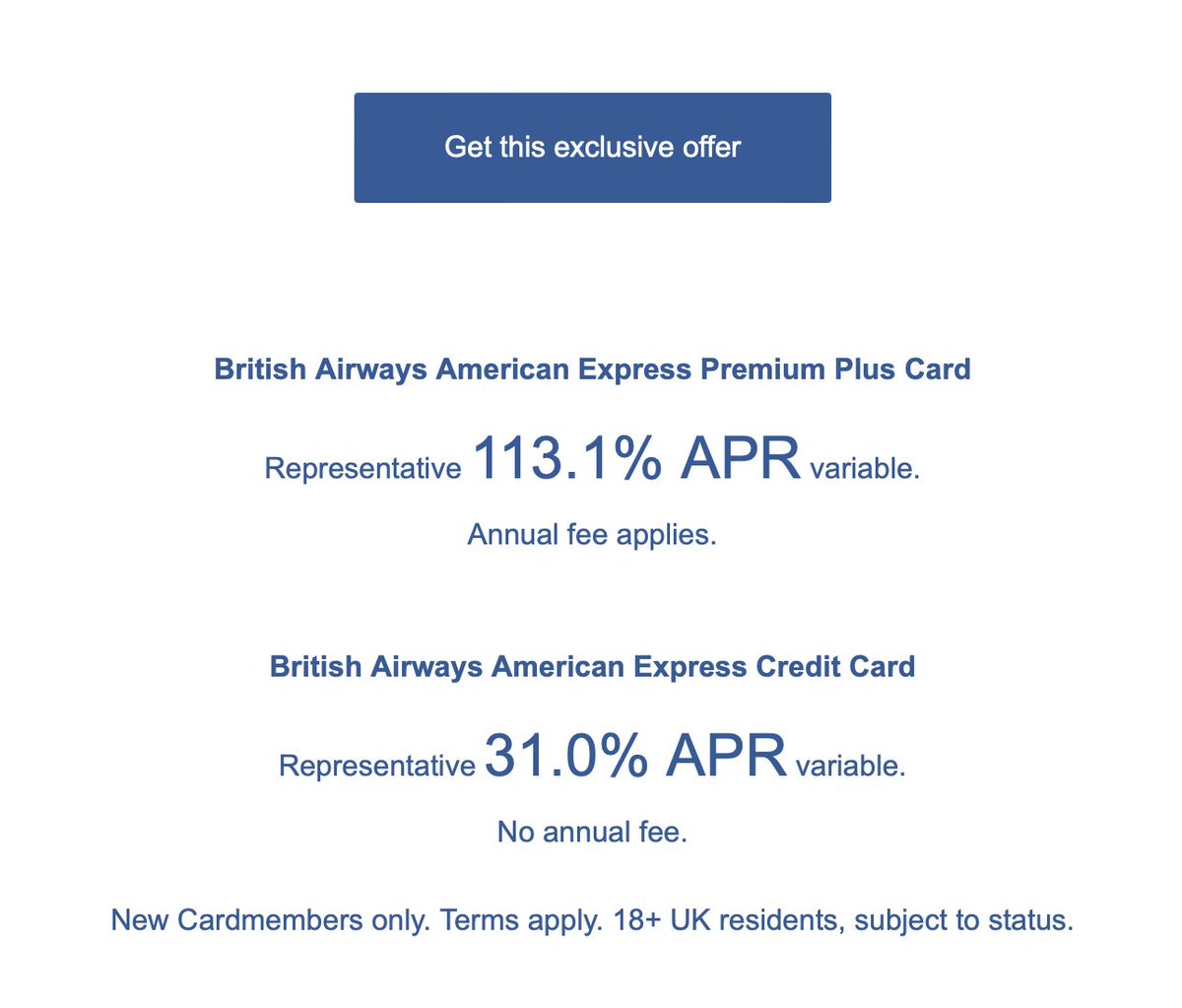 cooorius's tweet photo. 113.% APR Exclusive offer with an annual fee? Er, no thanks @British_Airways https://t.co/iRk2gexLYa