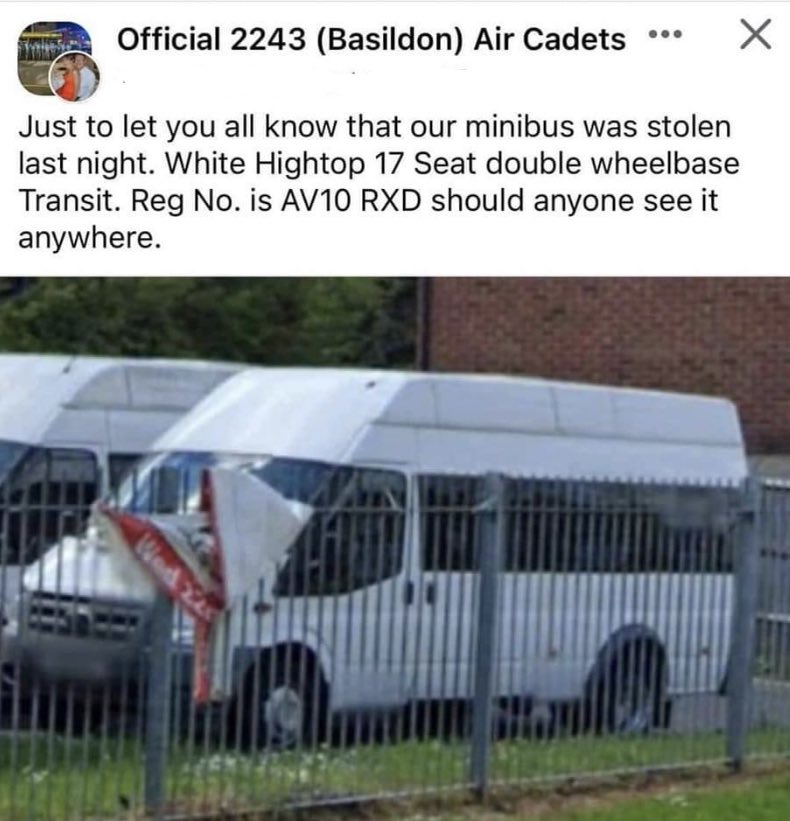STOLEN!!! Transit minibus AV10 RXD full high-top model long wheelbase.
Last night one of our squadron minibuses was stolen. Registered stolen with Essex Police - please keep eyes peeled and call 999 if spotted.