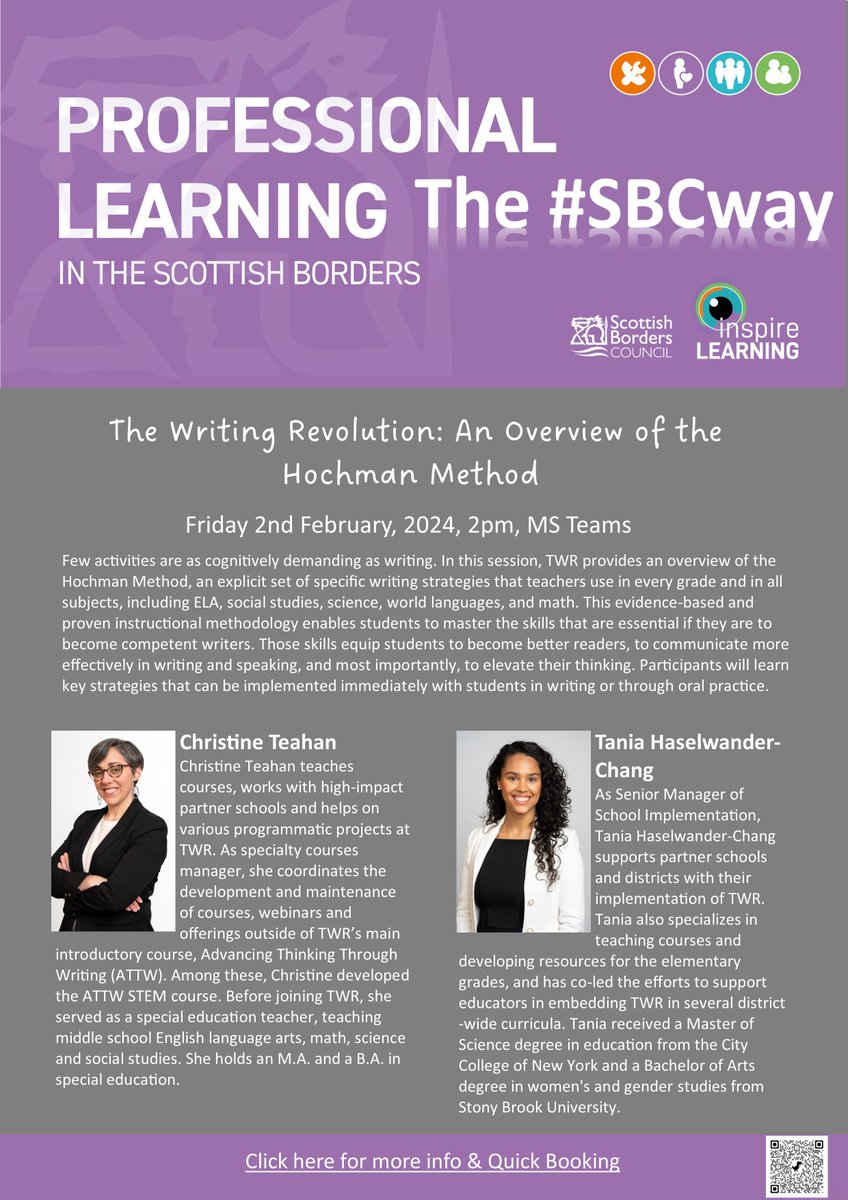 Don't miss this opportunity to join Christine and Tania from <a href="/TheWritingRevol/">The Writing Revolution</a> all the way from New York!
The session will give you an overview of the Hochman method which supports the #SBCway writing sprint! 
Fri 2nd Feb, 2pm 
Book Now - tinyurl.com/38d44s99 
<a href="/SBCEducation1/">SBC Education</a>